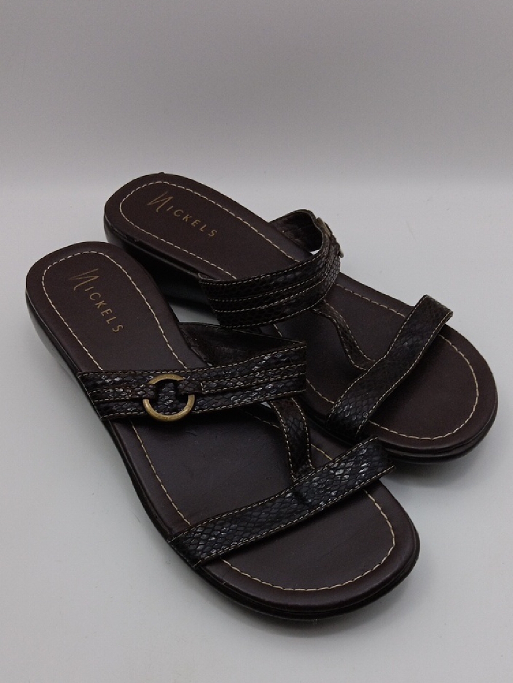 Nickels Dark Brown Textured Strap Slide Sandals with Ring Accent SIZE 8